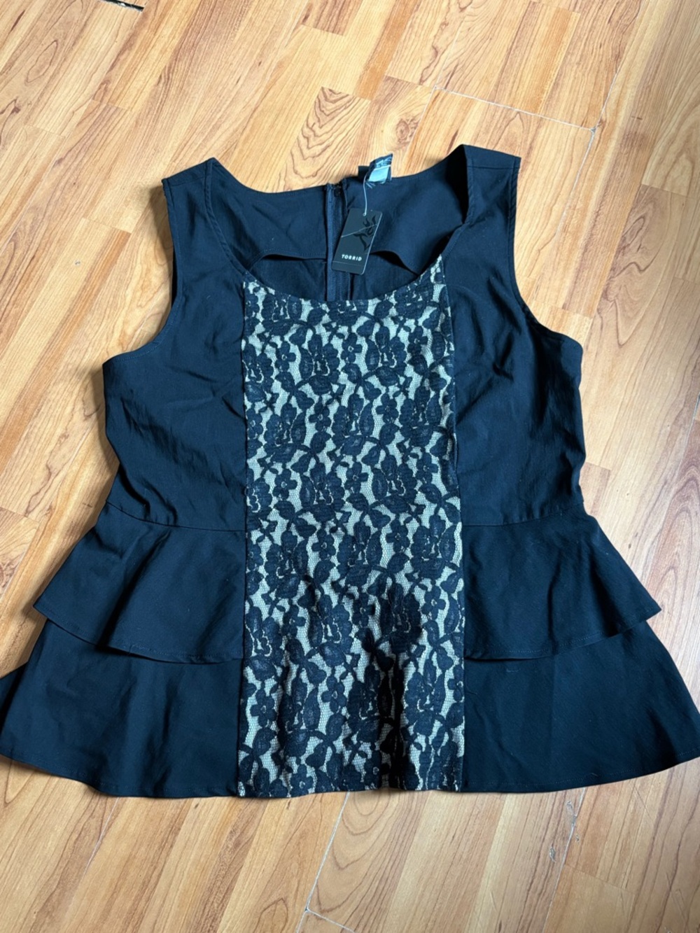 torrid Black Sleeveless Peplum Top with Lace Front